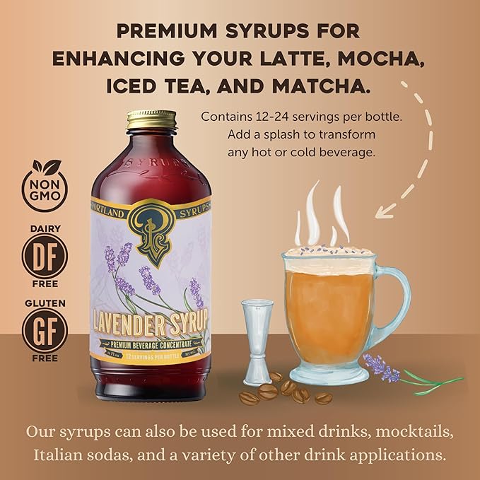 Portland Syrups Lavender Syrup - Lavender Beverage Concentrate for Tea, Matcha, Coffee, Sodas, and Baking - Floral Flavor for Crafting Refreshing Drinks - 12 oz Bottle, 12 Servings (Pack of 2)