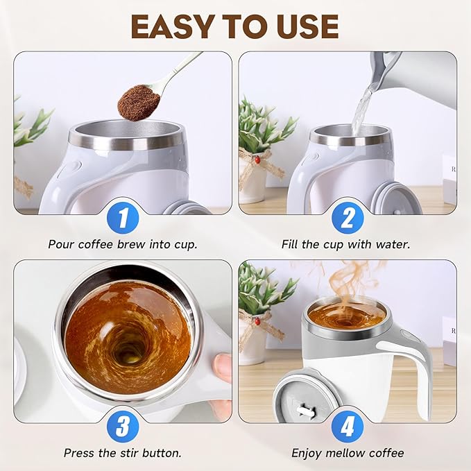 Automatic Magnetic Stirring Coffee Mug, Magnetic Stirring Cup Rotating Home Office Travel Mixing Cups,Stainless Steel Self Mixing Mug for Coffee/Milk/Tea/Hot Chocolat (White-Battery)