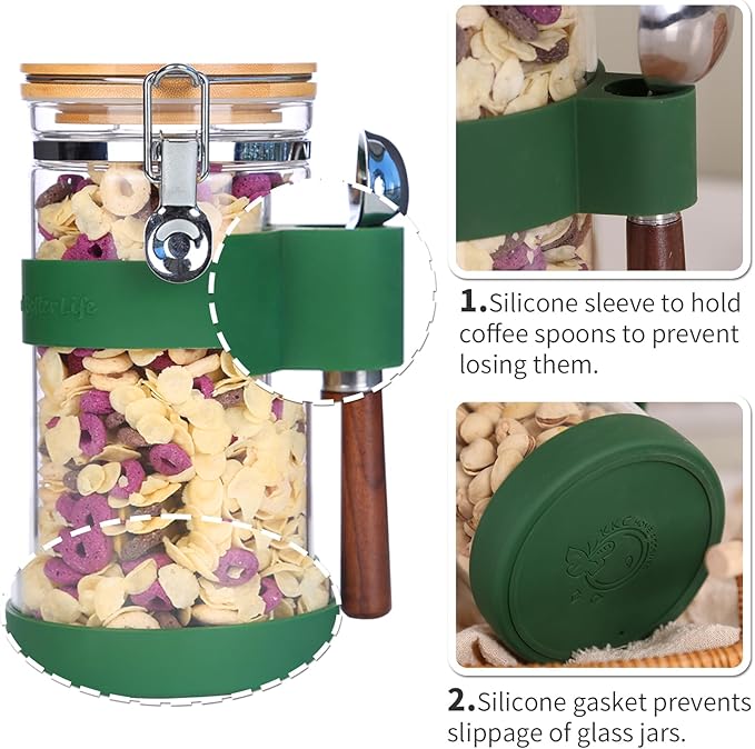 KKC Airtight Coffee Canister, Glass Coffee Bean Storage Contaienr with Silicon Scoop Holder, Non-Slip Silicon Coffee Storage Canister with Spoon for 1 lb Bean,40 Fluid-oz, Green