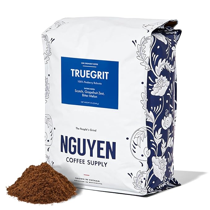 Nguyen Coffee Supply - Truegrit Robusta: Medium Roast Ground Coffee Beans, Vietnamese Single Origin, Direct Trade, Low Acid with High Caffeine Content, Roasted in Brooklyn [5 Ib Bag]