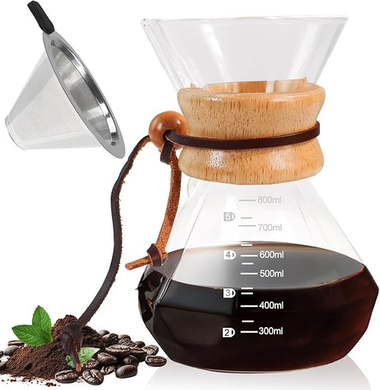 Pour Over Coffee Pot Set 800ml Features 304 Stainless Steel Filter Glass Coffee Pot with High Borosilicate Glass Duckbill Spout Design Solid Wood Handle Pour Over Coffee Drippers Daily Brewing