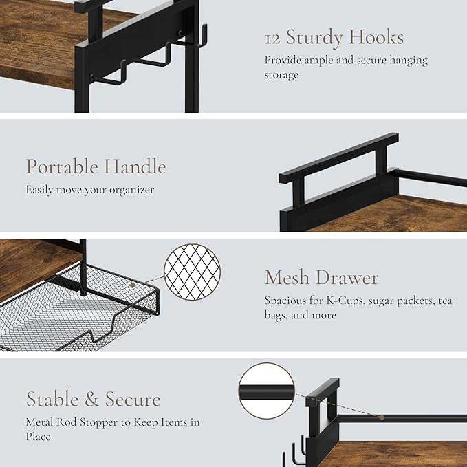 Coffee Bar Organizer, 3 Tier Coffee Station Organizer for Countertop, Mug Cup Holder Stand with 12 Hooks, with K Cup Storage Drawer, Tea Organizers Accessories for Home Office