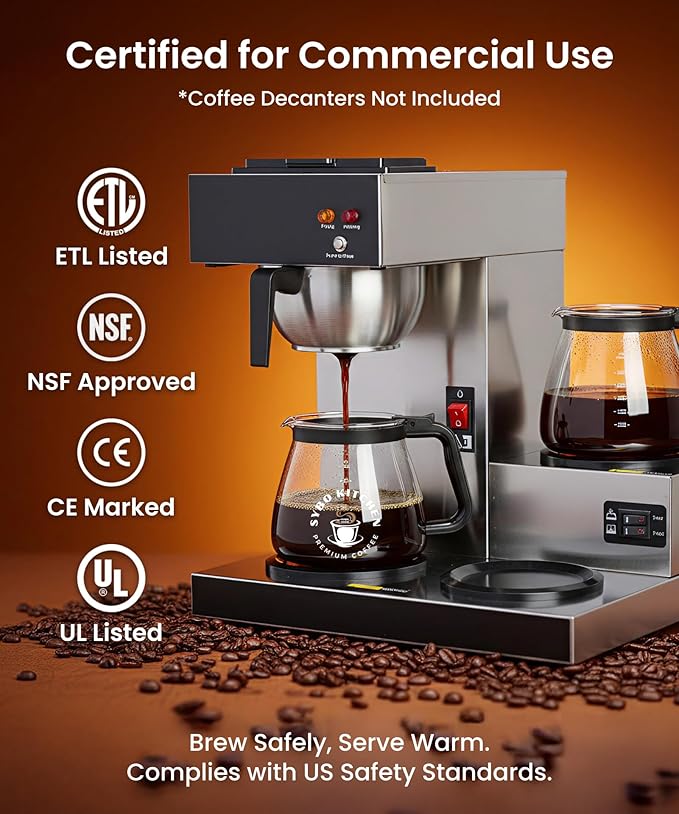 SYBO Commercial Coffee Maker 12 Cup, Pour Over Drip Coffee Maker Brewer with 3 Lower Warmers, Stainless Steel Cafetera