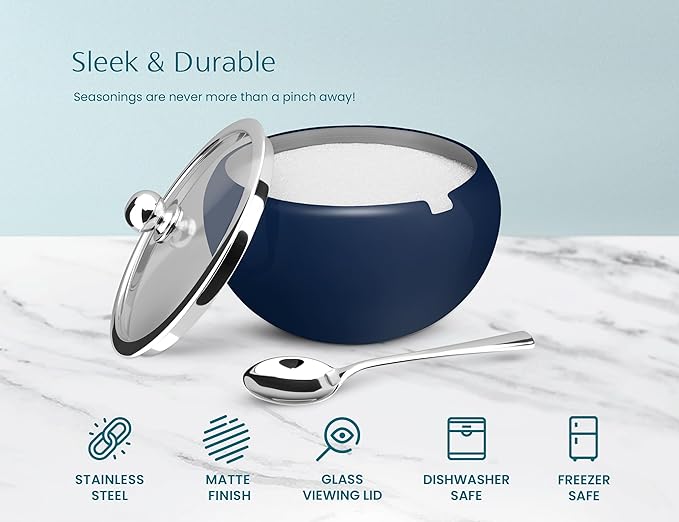 KooK Sugar Bowl, Sugar Bowl with Lid and Spoon, Sugar Container with Lid, for Salt, Coffee, Holds 2 Cups, Dishwasher Safe, Matte Navy, 16 Oz