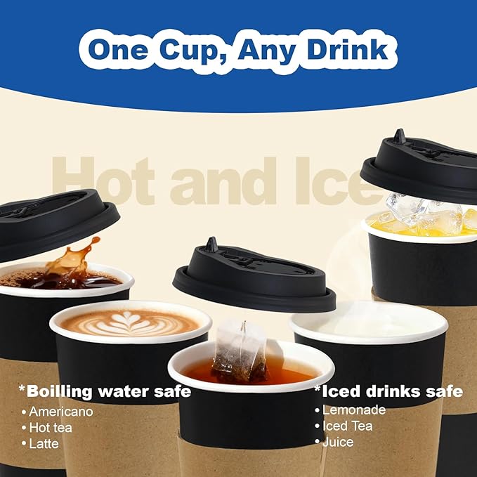 20 oz 500 Pack Coffee Cups with Lids and Sleeves, Straws, Hot Disposable To Go Travel Paper Cups Bulk for Office, Home Coffee Bar Accessories, Chocolate, Cocoa, Beverage (Black)