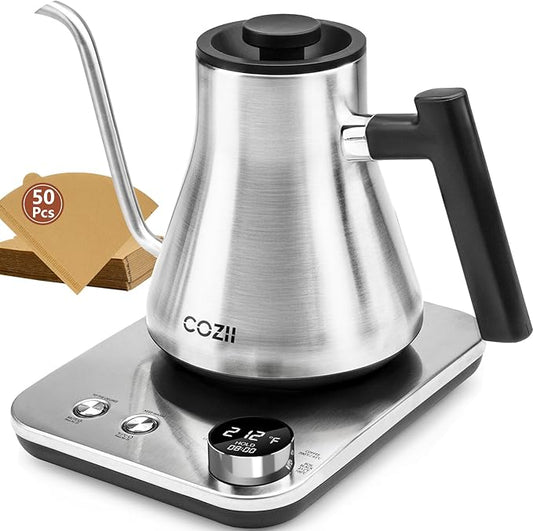 COZII Gooseneck Electric Kettle with ±1°F Temperature Control, 1200W Quick Heating for Pour Over Coffee & Tea, 0.9L Water Boiler with 24H Keep Warm & Auto Shut Off, Stainless Steel Interior, Silver