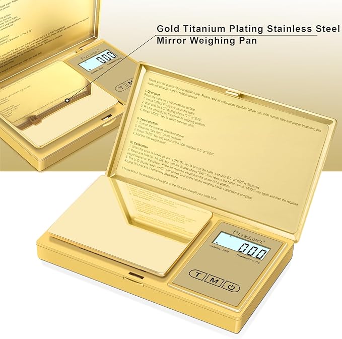 Fuzion Gram Scale, 200gx0.01g Digital Pocket Scale Gold Titanium Plating, High Precision Small Scale, 6 Units Jewelry Scale with Back-Lit LCD, Tare Function for Food, Powder, Herb, Arrow, Travel