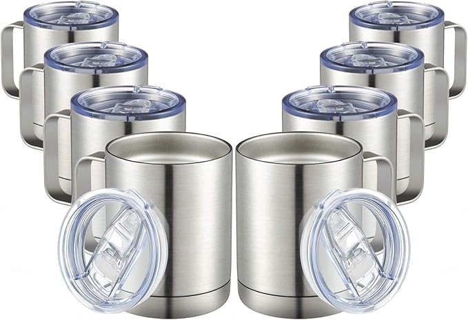 MEWAY 12oz Coffee Mug With Handle 8 Pack Bulk,Stainless Steel Insulated Travel Tumblers With Sliding Lid,Double Wall Vacuum Camping Cup for Hot & Cold Drinks Tea (Sliver,Set of 8)