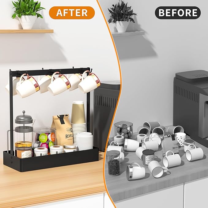 RCHYFEED Coffee Mug Holder Organizer with Movable Hooks, Coffee Cup Holder for Countertop, Metal Coffee Mug Tree Stand with Storage Basket, Cups Mug Rack for K Cup Pod Coffee Bar Kitchen, Black