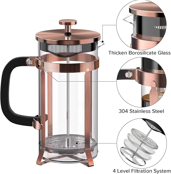 QUQIYSO Coffee Maker 304 Stainless Steel French Press with 4 Filter, Heat Resistant Durable, Easy to Clean, Borosilicate Glass Coffee Press, 100% BPA Free Teapot, 21 ounce, copper