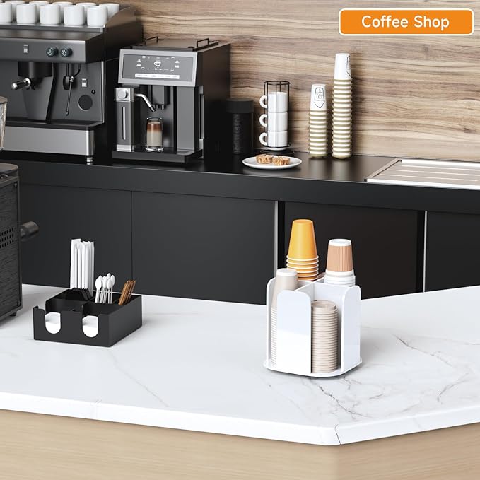 Beego Rotatable 4-Compartment White Acrylic Cup Dispenser - Coffee Station Cup and Lid Carousel Countertop Plastic Cup Holder for Restaurant Breakroom Coffee Bar