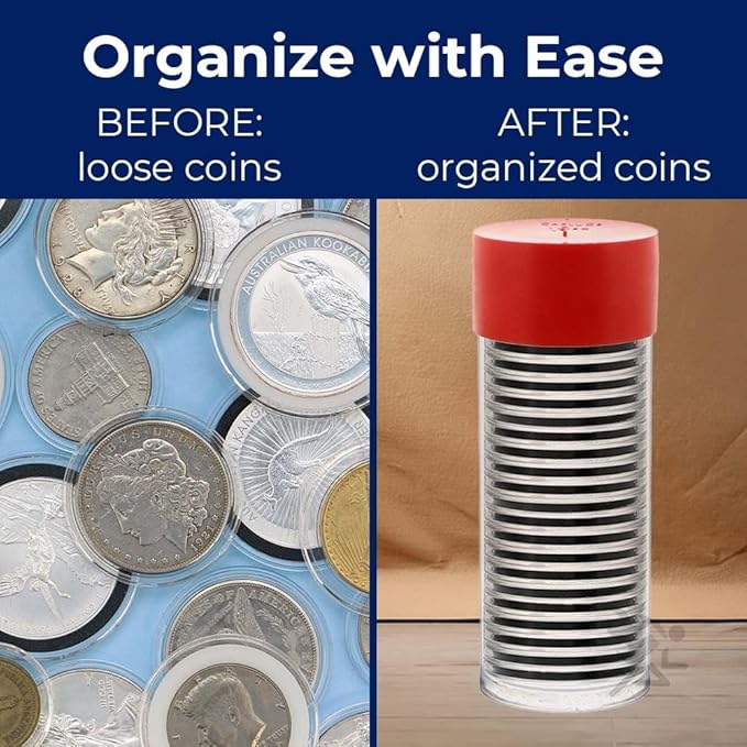 OnFireGuy 20pcs 40mm Black Ring Coin Holders & Capsule Tube with Red Cap Lid for Silver Eagles | Capsules & Storage Tube for 1oz American Silver Eagle, 30 gram Silver Panda, 1oz Silver Kangaroo