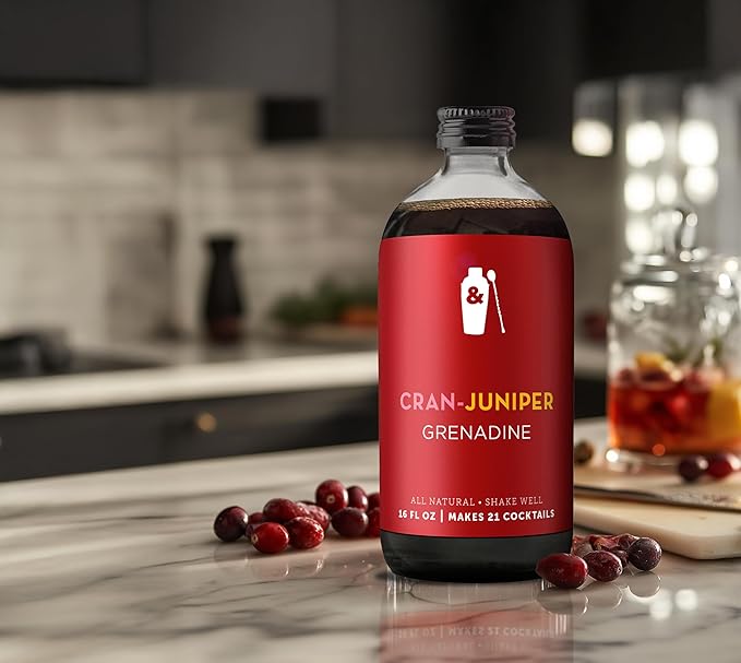 Shaker & Spoon Grenadine Cocktail Syrup, 16oz Cranberry, Juniper & Cardamom Flavored Syrups for Drinks, Vegan Craft Cocktail Mixers for Mocktails, Non Alcoholic Drinks