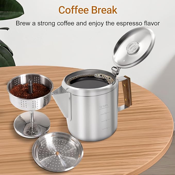 No Coating 12 Cup Percolator Coffee Pot 304 Stainless Steel Moka Pot Stovetop Espresso Maker Italian Greca Cuban Machine 2200ml 74.4oz Suitable for Gas Induction Stovetop Camping Kettle
