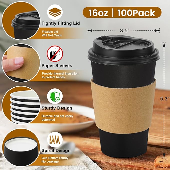 Lamosi 100 Pack 16 oz Disposable Coffee Cups with Lids and Sleeves, Black Leak-Proof To Go Coffee Cups with Lids, Hot/Cold Beverage Black Drinking Cup for Home, Office, Parties, Travel