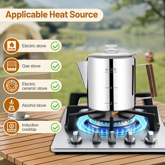 No Coating 6 Cup Percolator Coffee Pot 304 Stainless Steel Moka Pot Stovetop Espresso Maker Italian Greca Cuban Machine 1000ml 33.8oz Suitable for Gas Induction Stovetop Camping Kettle