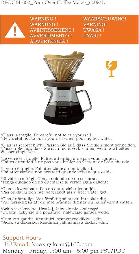 Pour Over Coffee Maker, 20 oz Borosilicate Glass Carafe with 100 pcs V60 Paper Filter, Walnut Handle & Glass Lid, Drip Coffee Maker for Home Café Restaurant Camping, 600 ml, Gray