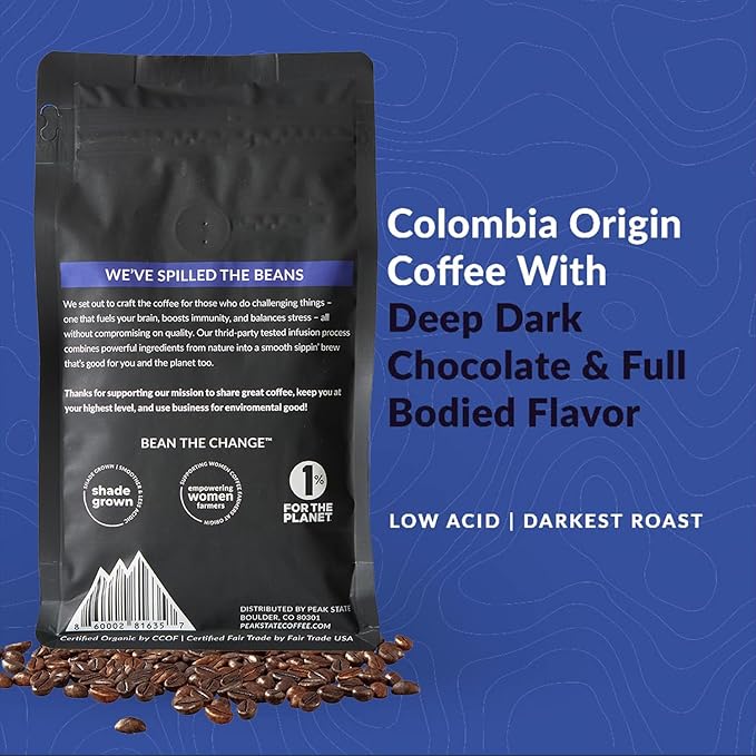 Peak State Coffee with Benefits, 3 Bag Variety Pack, Mushroom Coffee, Low Acid & Smooth, Immunity Boost, Brain Sustain & Stress Less, Organic Whole Bean Coffee, Gluten Free, 12 oz. Each