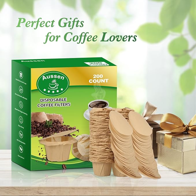 Aussen Disposable Coffee Paper Filters Replacement Kerig Filter Fit All Keurig Single Serve Filter Brands Compatible with Reusable Single Serve Pods Keurig Coffee Maker (Natural with Lid, 200pcs)