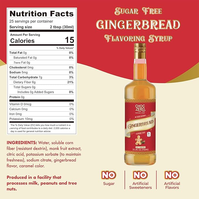 ChocZero Sugar Free Coffee Syrup, Gingerbread Flavor, Simple Syrup Drink Mix, Gingerbread Latte, Protein Shakes & Baking, Gluten Free, All Natural, 25.4 Ounces Bottle (Pack of 1)