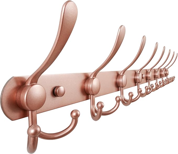Dseap Coat Rack Wall Mount - 29.5” Long 8-Tri-Hooks Heavy Duty Coat Hanger Rail Wall Hooks for Hanging Coats Hats Clothing Clothes Purse Mudroom Entryway, Rose Gold
