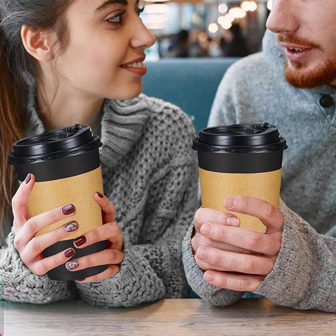 Lamosi 100 Pack 16 oz Disposable Coffee Cups with Lids and Sleeves, Black Leak-Proof To Go Coffee Cups with Lids, Hot/Cold Beverage Black Drinking Cup for Home, Office, Parties, Travel