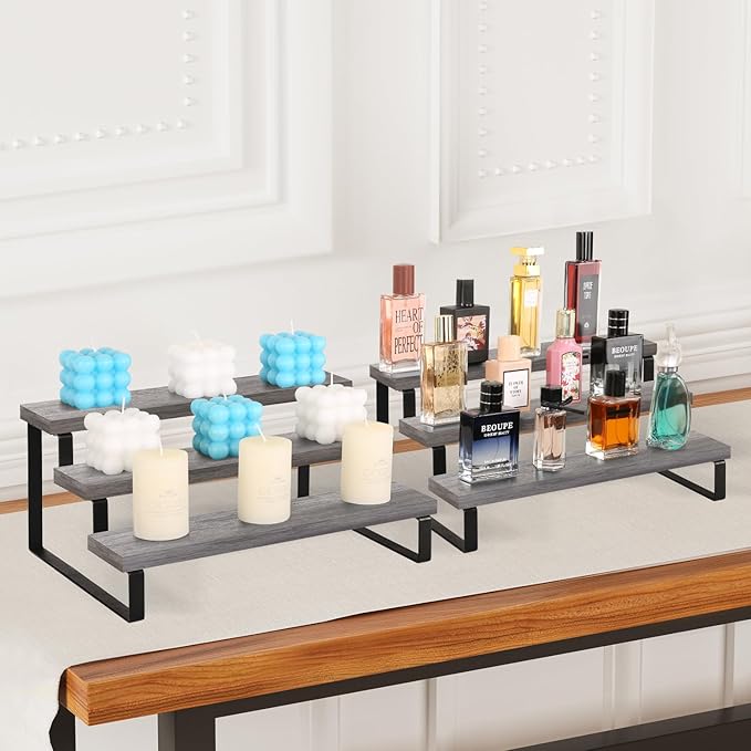 YINMIT Wooden Display Riser Stand, Tiered Perfume and Cologne Organizer Stand, 3 Tier Spice Rack Organizer, Rustic Display Shelf for Candles (3 Tier,2Pack,Grey)