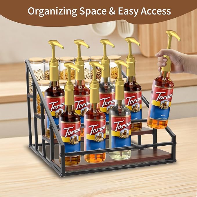 Coffee Syrup Organizer Rack, 4-Tier 16 Syrup Bottles Holder Stand for Freestanding Shelves for Coffee Bar Station,Kitchen, Syrup Wine Dressing Cocktail