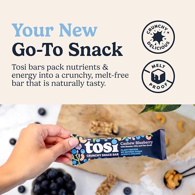 Tosi Nut Bars, Cashew Blueberry, Healthy Snacks for Adults & Kids, Plant Based Crunchy Bars (6G Protein), Organic Keto Snacks, Vegan, Gluten & Soy Free, Low Sugar, Omega 3s, 1oz, 12-Pack