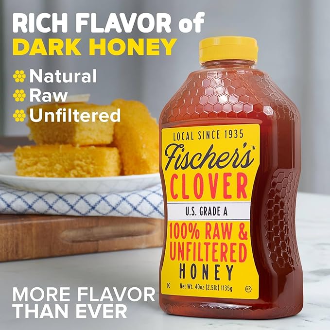 Fischer's 100% Pure Clover Honey, 40 oz – Unfiltered Raw Honey in a Squeeze Bottle – All-Natural Sweetener – Rich Flavor Profile, Packed with Nutrients
