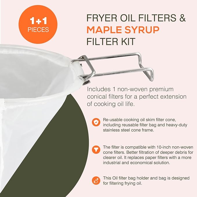 1PCS 10” Reusable Cone Filter Bag for Frying Oil - with Fryer Oil Filter Bag, Cooking Oil Filter Holder, Maple Syrup Cone Filter Stand - Durable Construction - Easy to Clean