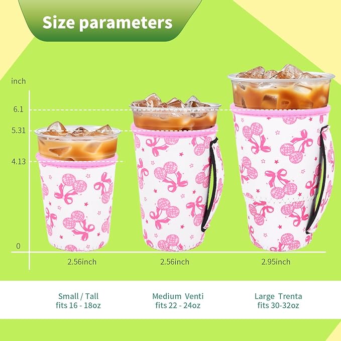 3 Pack Iced Coffee sleeve Insulated Neoprene Cup Sleeves with handle For Cold Drinks Beverages, Reusable Cup Holder for 16oz-32oz Coffee Cups (Disco Cherries)