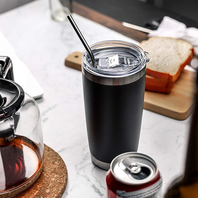 COMOOO 20oz Black Tumbler Double Wall Vacuum Insulated Coffee Travel Mug Stainless Steel Tumbler with Lid and Straw Coffee Cup for Cold Drinks & Hot Beverage, Home and Outdoor (Black, 6 Pack)