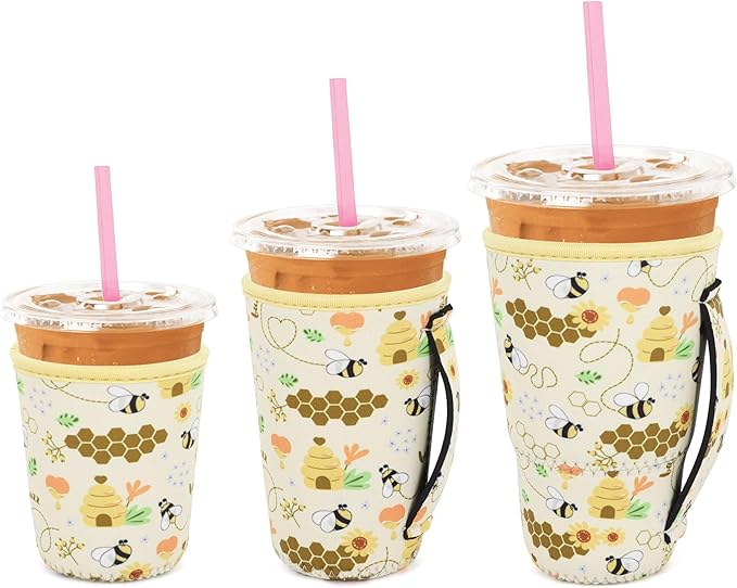 3 Pack Iced Coffee sleeve Insulated Neoprene Cup Sleeves with handle For Cold Drinks Beverages, Reusable Cup Holder for 16oz-32oz Coffee Cups (Honeycomb Buzz)