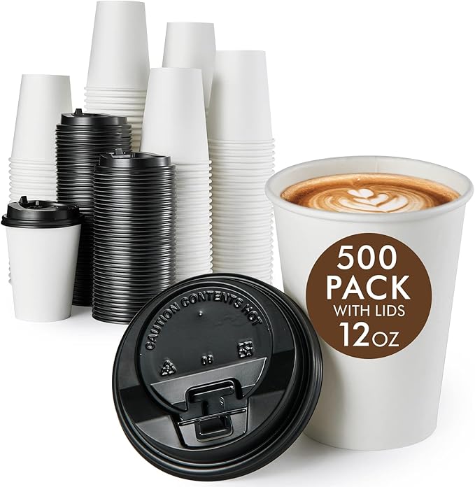 Vplus 500 Pack 12 OZ Paper Coffee Cups, Disposable 12 OZ Coffee Cups With Lids, Cold/Hot Drinking, For Home, Traveling, Stores, Office, And Events