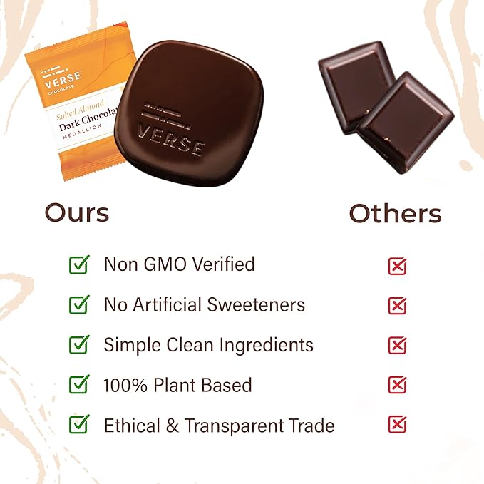 Verse 70% Dark Chocolate with Almonds - Only 3g Cane Sugar - Crunchy Salted Almond - Individually Wrapped Dark Cocoa Bar Chocolates (9 Count, 2 Pack)