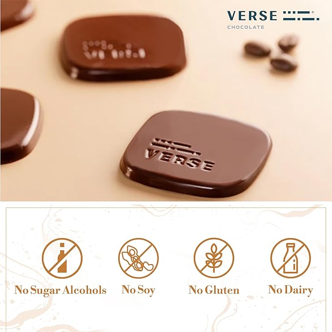 Verse 70% Dark Chocolate with Almonds - Only 3g Cane Sugar - Crunchy Salted Almond - Individually Wrapped Dark Cocoa Bar Chocolates (9 Count, 2 Pack)