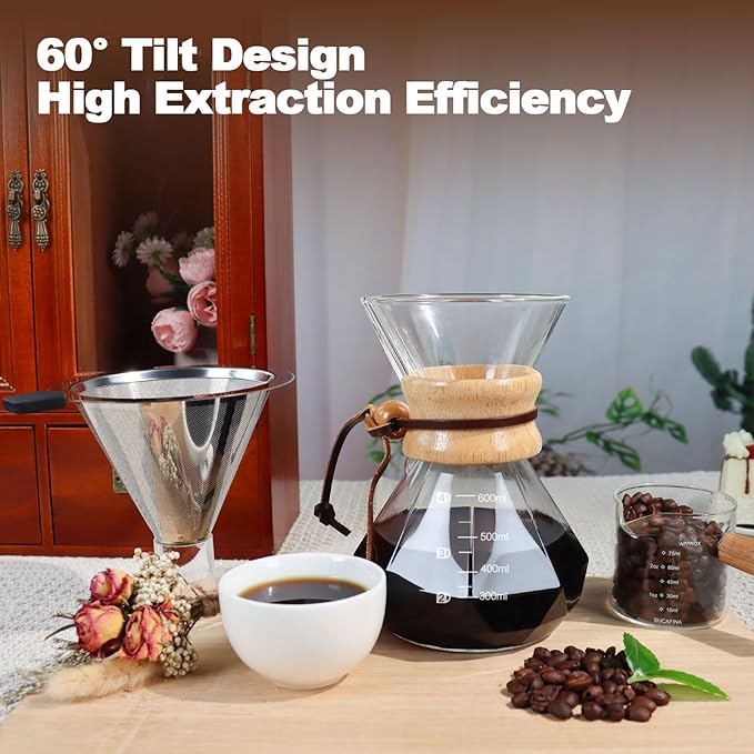 Pour Over Coffee Pot Set 600ml Features 304 Stainless Steel Filter Glass Coffee Pot with High Borosilicate Glass Duckbill Spout Design Solid Wood Handle Pour Over Coffee Drippers Daily Brewing