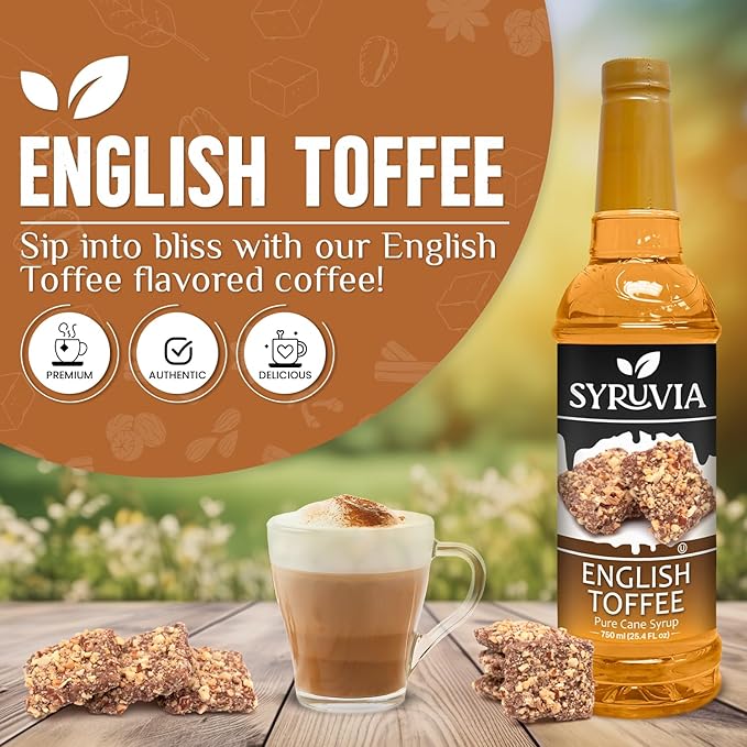 Syruvia Coffee Syrup, English Toffee Flavored Syrup for Drinks, Lattes, and Desserts – 25.4 fl oz