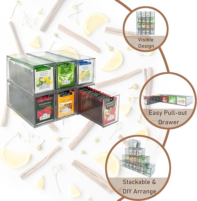 6-Pack Tea Bag Drawers Organizer - 6 Clear Plastic Drawer Tea Bag Holder; Stackable & Portable; Wider Size; Well-Organized Storage for Tea Bags Storage Chests；High Volume