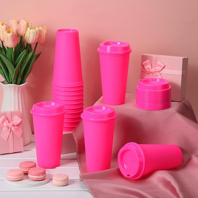 Domensi 15 Pack Reusable Coffee Cups with Lids 16 oz Disposable Travel Cups Bulk Plastic to Go Coffee Tumblers for DIY Hot Cold Drink Party Favors Coworker, Microwaveable (Rose Red)