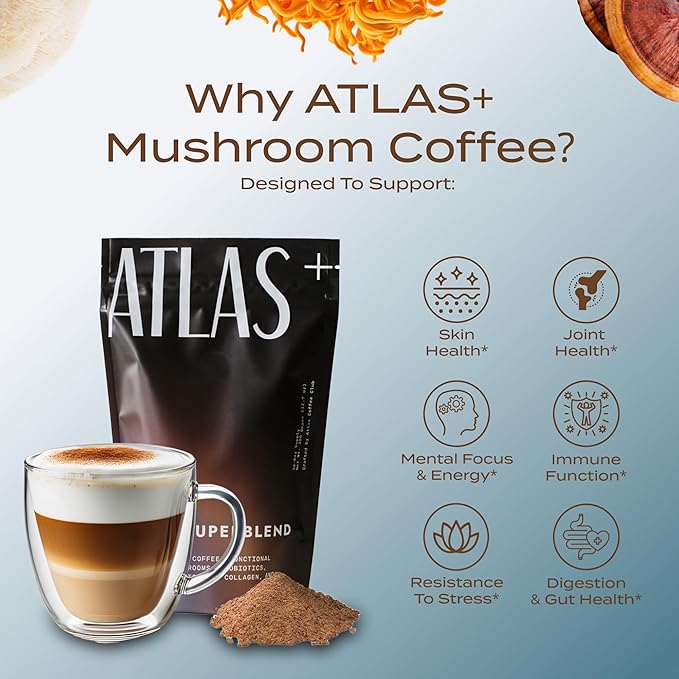 Atlas+ Coffee Superblend– Instant Mushroom Coffee with Lion’s Mane, Reishi, Cordyceps, Ashwagandha, Probiotics, Vitamin D3 & B12– for Energy, Focus, Immunity & Gut Health– 28 Servings (1 Bag)