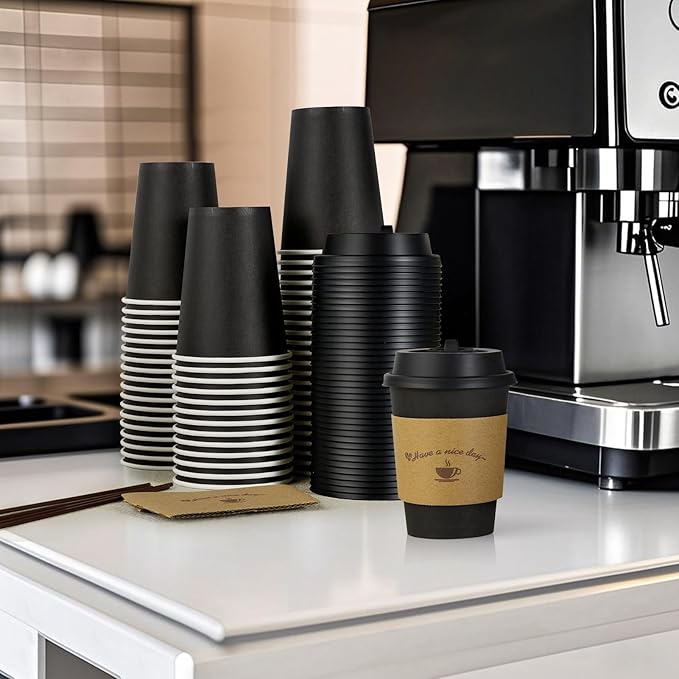 LITOPAK 500 Pack 12 oz Disposable Coffee Cup with Lids, Sleeves, and Stirring Sticks, Black To Go Paper Coffee Cups for Home, Travel, Office, Party