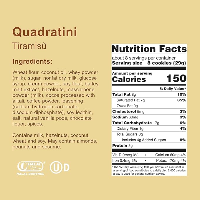 Loacker Quadratini Tiramisu Wafer Cookies LARGE - 30% Less Sugar - Premium Crispy Bite Size Wafers - NON-GMO - LARGE Pack of 6