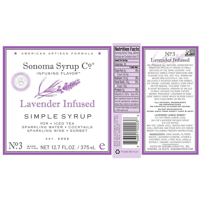 Sonoma Syrup Co. Lavender Infused Simple Syrup 12.7 fl oz | for Coffee, Cocktails, and Cooking | Hand Crafted in the USA