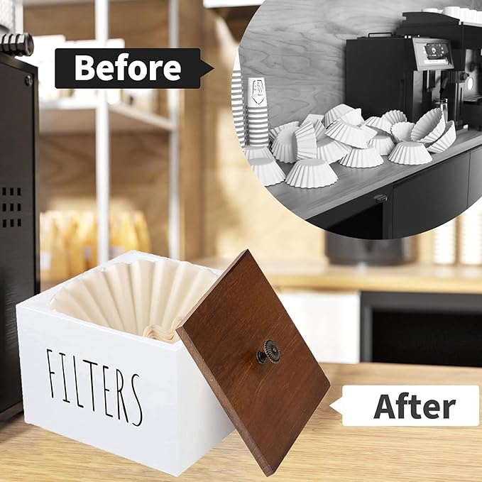 Wooden Coffee Filter Holder - Container With Lid, Rustic Dispenser Basket for Bar Decor, Farmhouse Accessories (White)