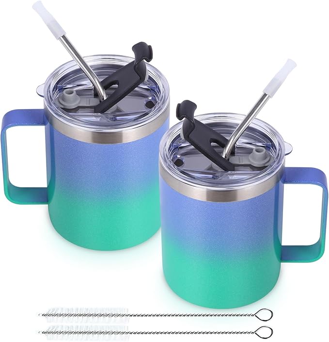 Volhoply 12oz Insulated Leakproof Coffee Mug with Flip & Straw Lid Bulk 2 Pack,Double Wall Vacuum Stainless Steel Travel Tumbler Cup with Handle,Camping Mugs Keep Cold/Hot(Purple Green,2 Set)