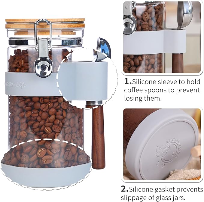 KKC Airtight Coffee Canister, Glass Coffee Bean Storage Contaienr with Silicon Scoop Holder, Non-Slip Silicon Coffee Storage Canister with Spoon for 1 lb Bean,40 Fluid-oz, Gray