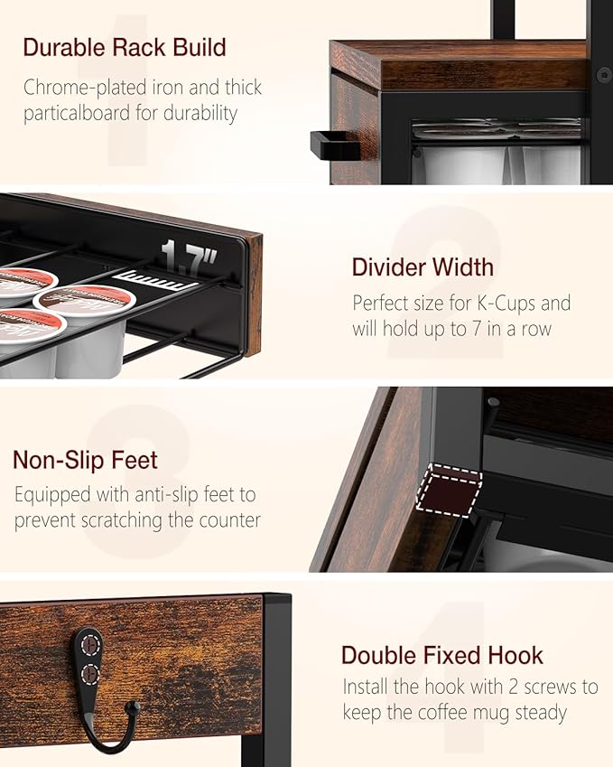 Evermagin K Cup Holder, 35 Pod Capacity, Coffee Pod Holder Compatible with Keurig, Coffee Station Organizer for Countertop with Cup Rack, Rustic Brown