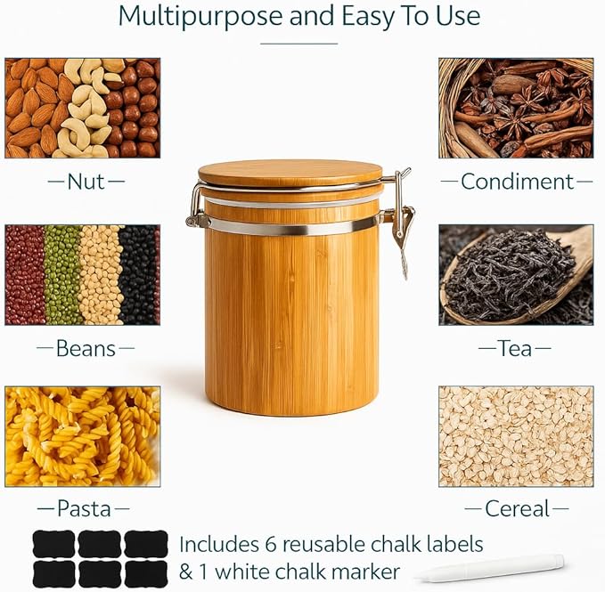 Nature’s Pantry Gift Set – 3 Bamboo Airtight Canisters for Tea, Coffee & Sugar – Storage Jars with Chalk Labels & Marker – Premium Sage Green Gift Box